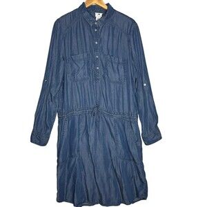 Andrea Jovine Tencel Chambray Shirt Dress‎ XL Blue Roll Tab Sleeves Pockets Boho